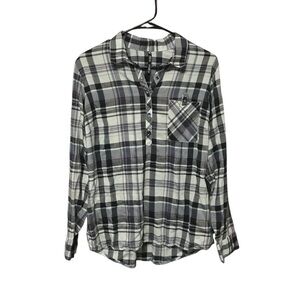 Kuhl popover top women L plaid blue gray blouse roll tab sleeves outdoor hiking
